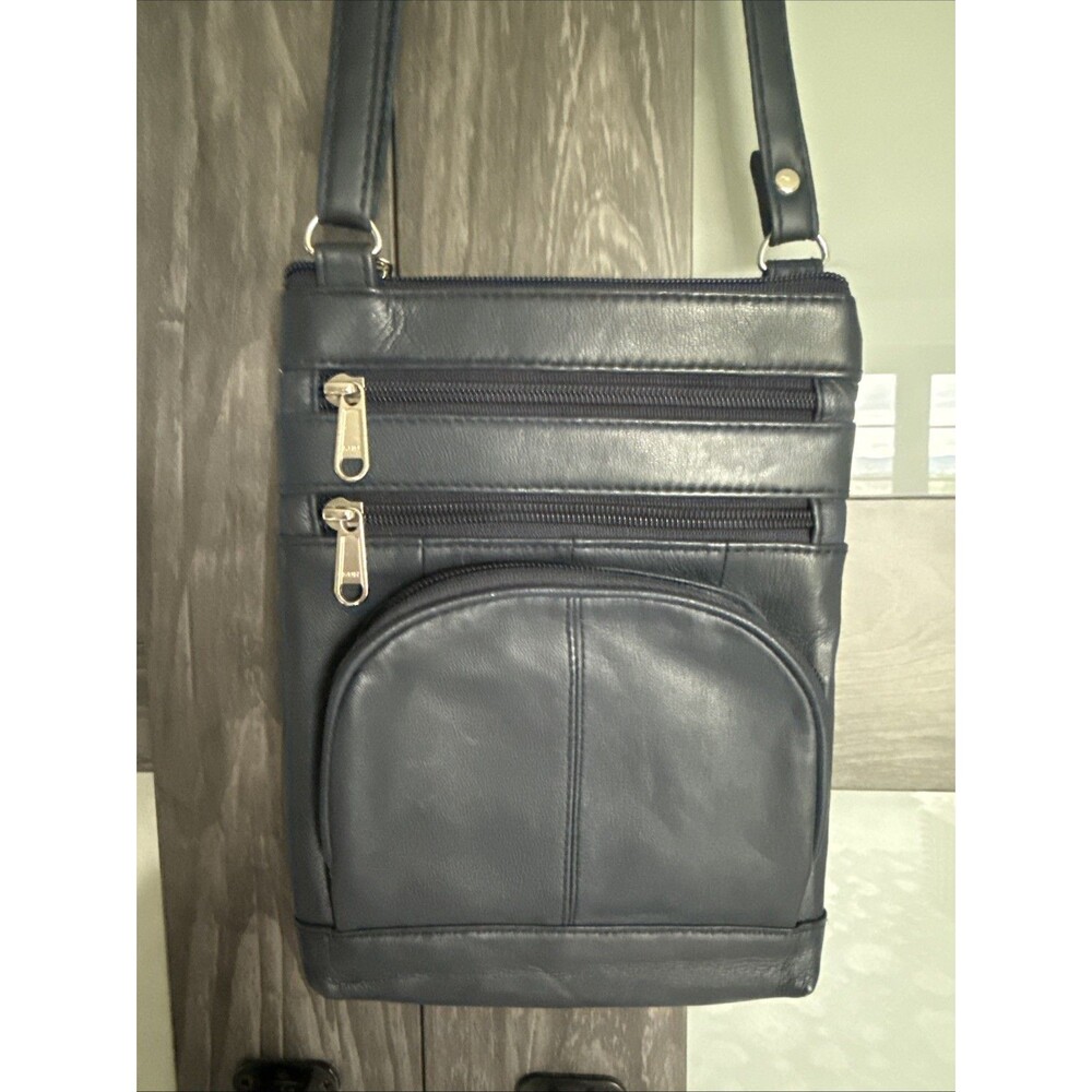 Navy Blue Leather Crossbody Purse Bag with Adjustable Strap and Silver Zip